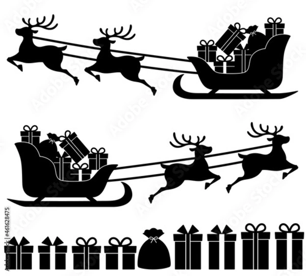 Obraz トナカイとソリとプレゼントのシルエットイラスト