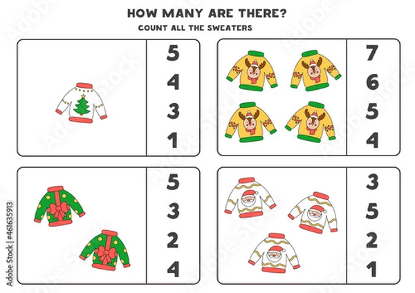 Fototapeta Counting game with Christmas sweaters. Educational worksheet.