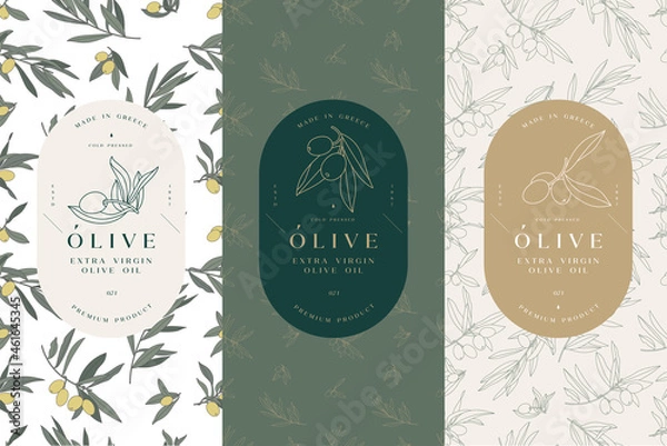 Fototapeta Vector set labels with olive branch - simple linear style. Emblems composition with olives and typography. Seamless pattern.