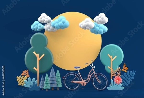 Fototapeta The moon is surrounded by bicycles in public spaces on a blue background.-3d rendering..