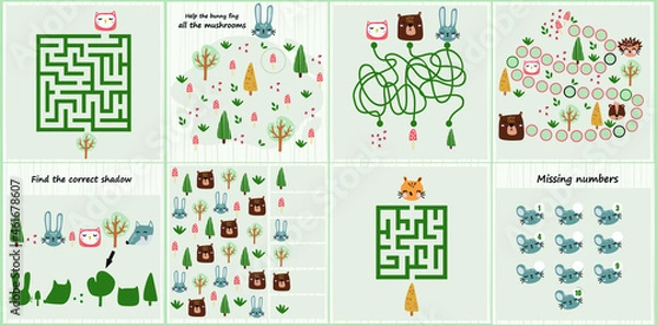 Fototapeta Mini games collections with forest animals  for development. I spy. Maze. Colorful vector illustration in flat style. 