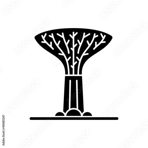 Fototapeta Supertree grove black glyph icon. Tree-like structure. Recognizable Singaporean attraction. Green development. Vertical garden. Silhouette symbol on white space. Vector isolated illustration