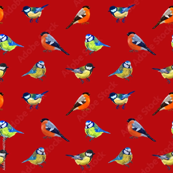 Obraz Colorful digital pattern with forest birds, Christmas branches . Red background.