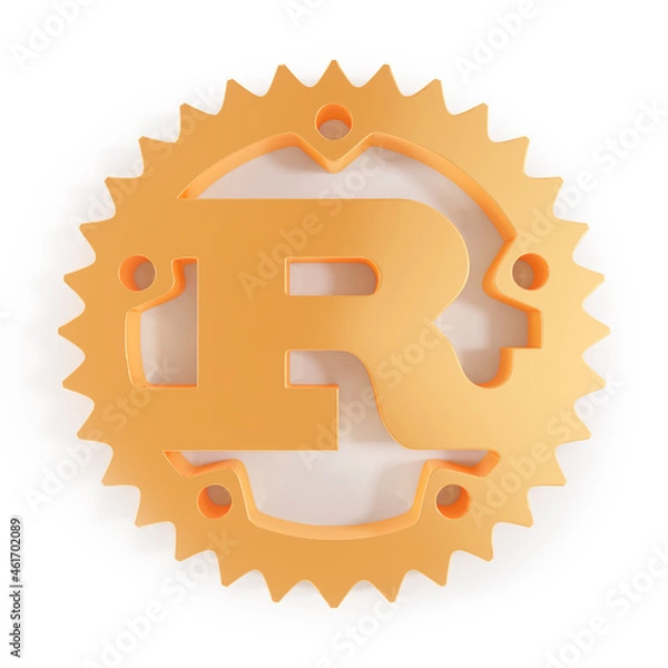 Fototapeta Rust. Programming language. Golden 3D logo on white background. 3D rendering.