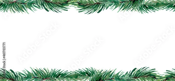 Fototapeta Wide Christmas border arranged with frosted fir branches isolated on white shaped as an arch, banner format