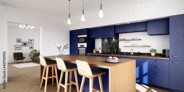 Fototapeta Vue 3d cuisine bleu nuit avec parquet bois et îlot central