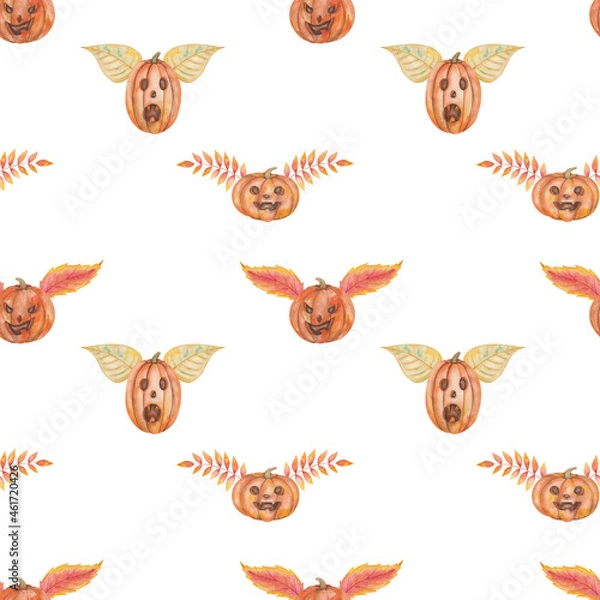 Fototapeta Watercolor seamless pattern from hand painted illustration of carved pumpkins with scary faces for Halloween with leaves like wings isolated on white for fabric material, design postcard, packaging