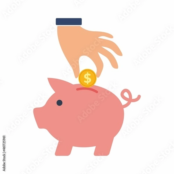 Fototapeta Hand saving money in piggy bank icon. Simple, high quality and suitable for your design. Flat design vector illustration on a white background. Piggy, bank, savings, economical.
