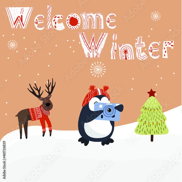 Fototapeta Christmas card with a photographing penguin, a deer in a sweater and a Christmas tree, with the inscription Welcome winter