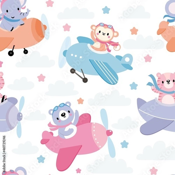 Fototapeta Seamless pattern with cute animals on planes in sky. Cartoon funny pilots. Giraffe, bear, tiger, elephant, monkey. Kid vector illustration
