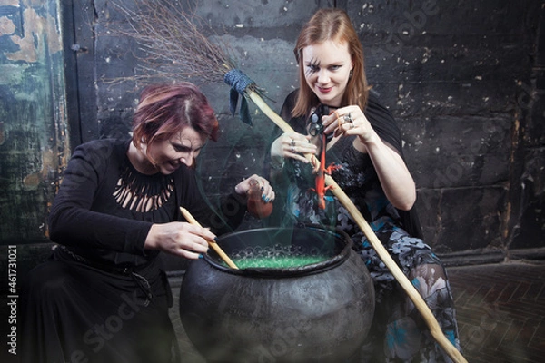Fototapeta Young beautiful witches preparing a potion for Halloween 