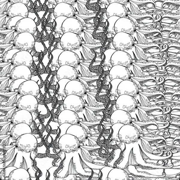 Fototapeta Octopus pattern. Antistress. Coloring book for children and adults. Isolate on white. For wallpaper, textile, design, coloring, print. Stock illustration. 