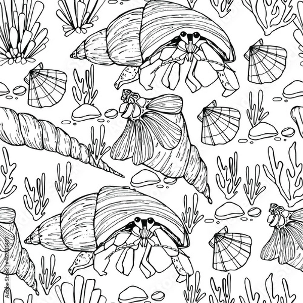 Fototapeta Marine background. Shells, mollusk, punished. Seaweed. Hand-drawn graphics, water world, wildlife. Background for children and adults. For painting, textiles, design, coloring, print. Stock illustrati