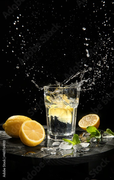 Fototapeta splashing lemonade with fresh lemons on black