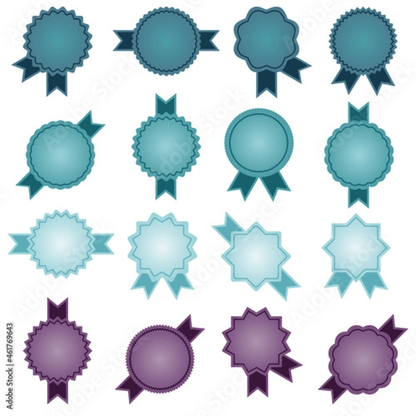 Fototapeta A set of sixteen multi-colored starburst icons with ribbons, sunburst in bright colors with a geometric pattern on a white background, an empty sign with an inscription, vector graphics