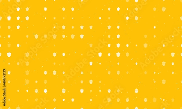 Fototapeta Seamless background pattern of evenly spaced white acorn symbols of different sizes and opacity. Vector illustration on amber background with stars