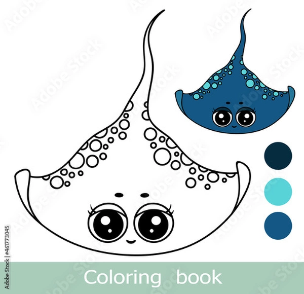 Obraz Cartoon stingray coloring book page with colorful template.Cute stingray coloring book. Underwater ocean life, marine animal. Funny stingray isolated contour.Kids animals coloring book page.Worksheet.