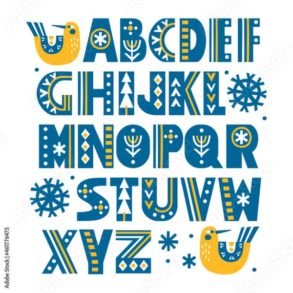 Obraz Hand drawn latin alphabet in Scandinavian style with ornate letters. Make your own Christmas typography. Isolated objects on white background. Vector illustration.