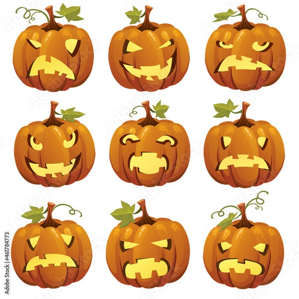 Fototapeta Halloween cartoon pumpkins faces. Vector illustration set. Halloween pumpkin element collection in spooky, scary,  funny and expression with facial expressions for icons and decorations isolated in wh