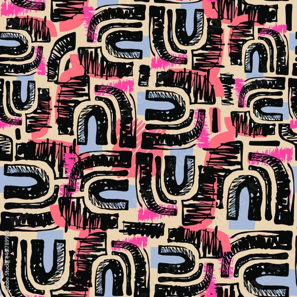 Obraz Ink doodle paint brush strokes seamless pattern. Hand drawn curved rough grunge modern design template.  Chaotic blob scribbles decorative texture. 