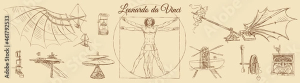 Fototapeta Sketch of Leonardo da Vinci's Vitruvian man and engineering drawings. Italian Renaissance. Vintage brown and beige card, hand-drawn, vector. Old design. Line graphics. 