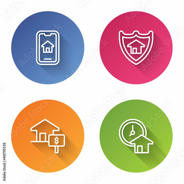 Obraz Set line Online real estate, House with shield, dollar and Time is money. Color circle button. Vector