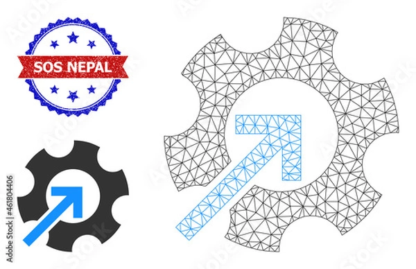 Fototapeta Triangular gear integration framework icon, and bicolor rubber Sos Nepal seal. Mesh wireframe symbol is created from gear integration icon.