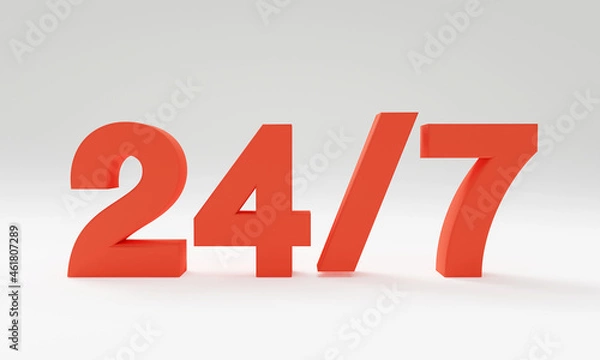 Fototapeta 3D Open 24 hours 7 days button icon on a white background, service concept, red text, 3D rendering.	
