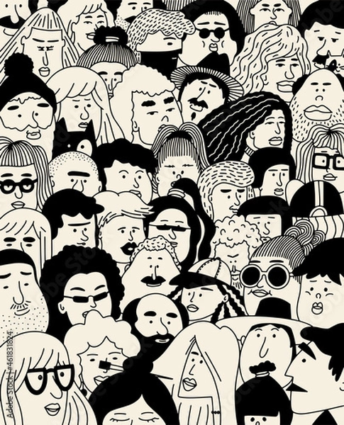 Obraz Crowd. Faces collection. People faces contour collage. Outline people. Face avatars. Men and women. Various haircuts. Cartoon style, simple flat design. Trendy illustration. Only insert text.