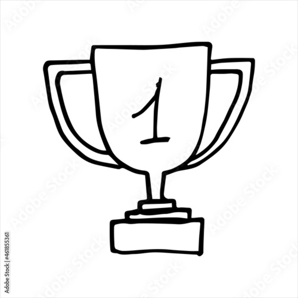 Obraz The cup for the first place. The winner's cup drawn in doodle style. Black outline on a white background. Reward. The design elements. Symbol of the winner in sports games.
