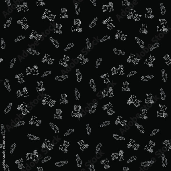 Fototapeta White scooters and toy cars against black background. Vector seamless pattern