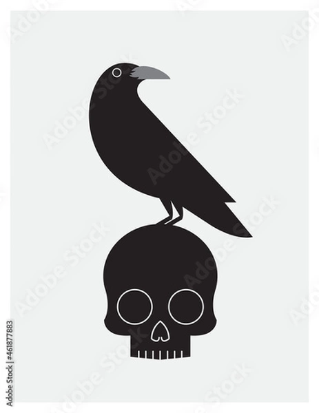 Fototapeta Crow or raven perched on human skull isolated on white grey background. Minimalist vector art. Flat art vector illustration. Sign of death, dangerous, beware, risk