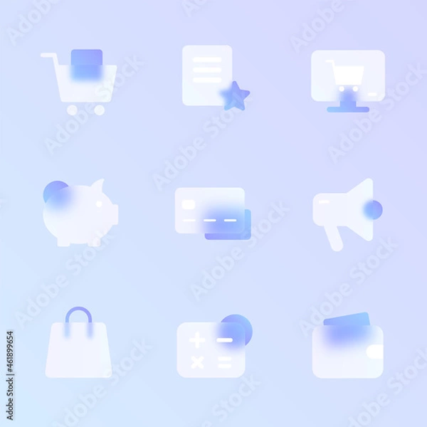 Fototapeta e commerce glass morphism trendy style icon set. e commerce transparent glass color vector icons with blur and purple gradient. for web and ui design, mobile apps and promo business polygraphy