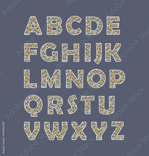 Fototapeta Cute children's vector color alphabet with a pattern of colorful cartoon mushrooms with a white outline