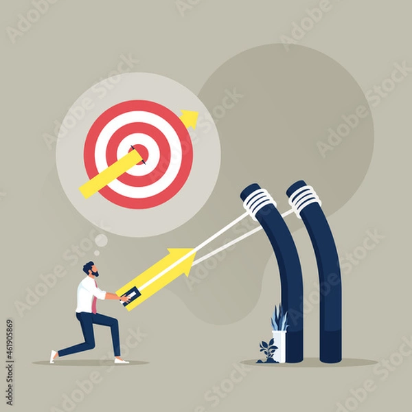 Fototapeta Businessman aiming high target with a big catapult, bullseye target to win in business strategy, Business target achievement and goal concept