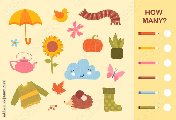 Fototapeta Counting Game for Preschool Children. How many objects of certain color. Mathematical problem for schoolchildren. Template for printing. Cartoon flat vector illustration isolated on beige background