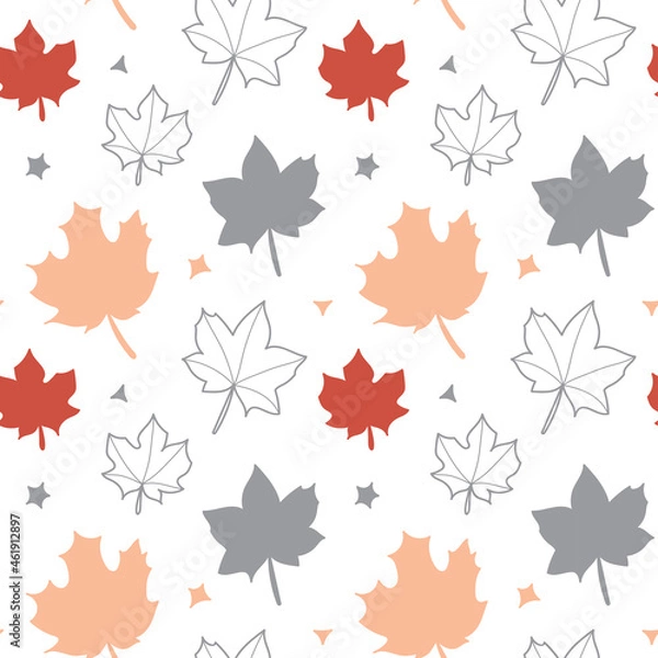 Fototapeta Vector autumn seamless pattern  on a light background. Autumn leaves and small elements in grey, red-brown, pink. Flat and doodle. Suitable for cards,  invitations, paper and others