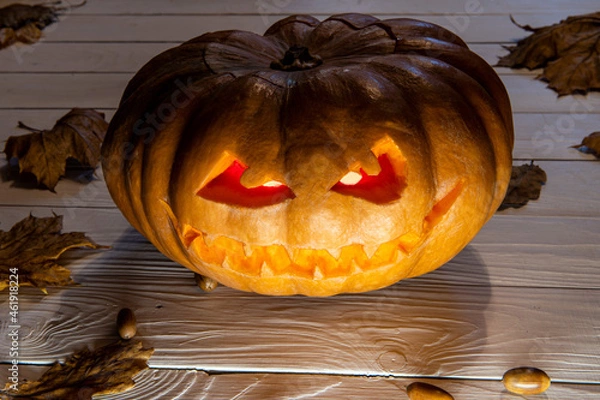 Fototapeta One Scary, evil-looking Halloween Jack Lantern surrounded by Autumn leaves,
