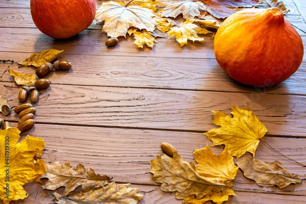 Fototapeta autumn still life of pumpkins, yellow autumn leaves on a brown table.