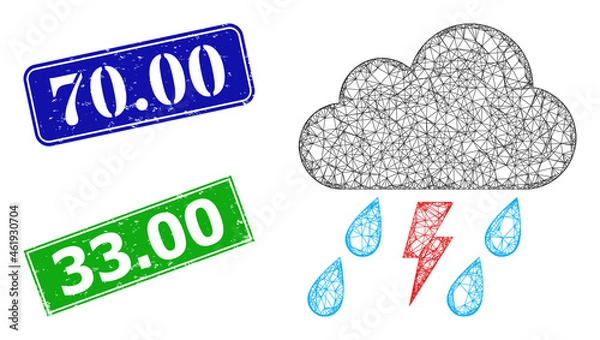 Fototapeta Polygonal thunder storm cloud model, and 70.00 blue and green rectangular corroded seal prints. Polygonal wireframe illustration is designed with thunder storm cloud pictogram. Seals contain 70.