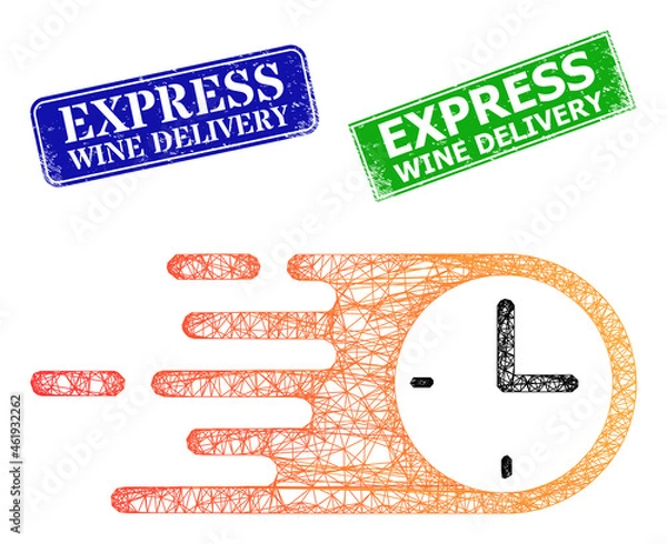 Fototapeta Mesh quick time image, and Express Wine Delivery blue and green rectangular corroded stamp seals. Mesh carcass illustration is based on quick time pictogram.