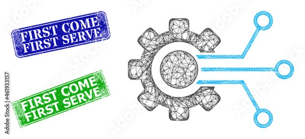 Fototapeta Mesh gear sensor model, and First Come First Serve blue and green rectangular scratched stamp seals. Mesh carcass image is based on gear sensor pictogram.