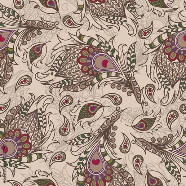 Fototapeta Vector illustration. Ethnic wallpaper from decorative feathers. Luxurious seamless pattern of peacock feathers in oriental, Indian style. Background for fabrics, textiles, postcards and bed linen.