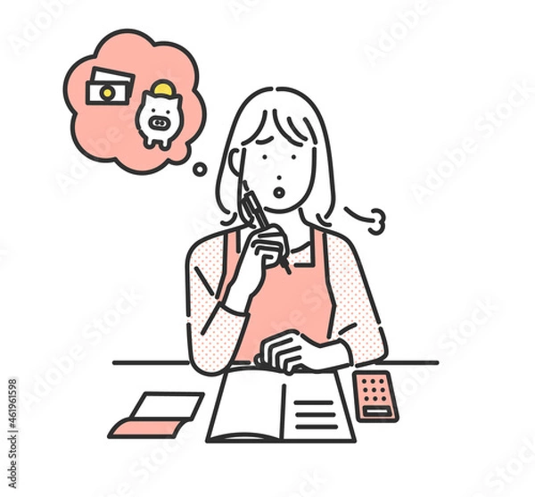 Fototapeta 家計簿をつける主婦の女性のイメージイラスト素材