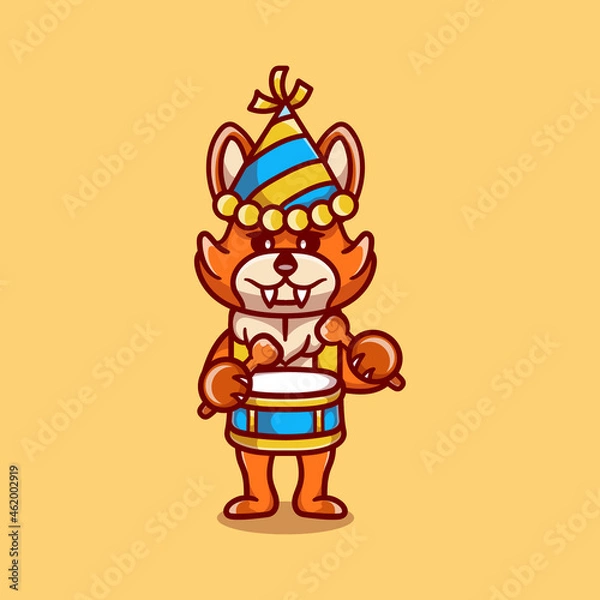 Obraz cute fox celebrates new year playing drums