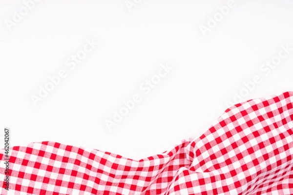 Fototapeta Fabric crumpled with copy space. Tablecloth picnic Red, white texture checkers on white background.