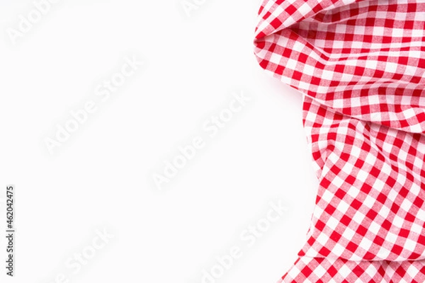 Fototapeta Tablecloth picnic Red, white texture checkers. Fabric textile crumpled on white background.