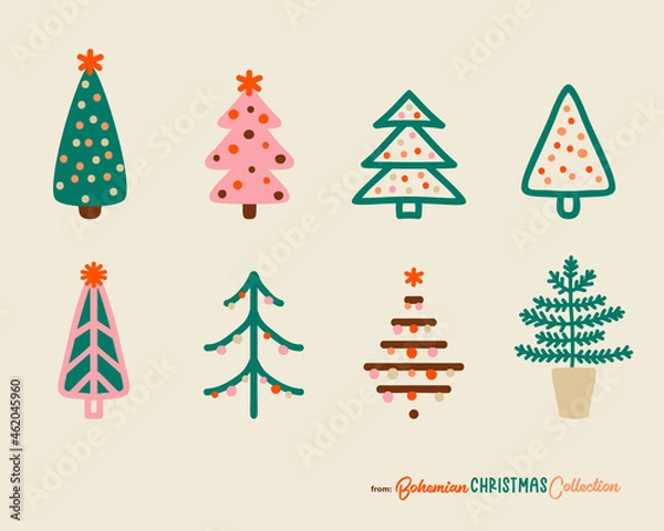 Fototapeta Christmas Trees in simple doodle style with Boho Christmas spirit. Vector clipart set