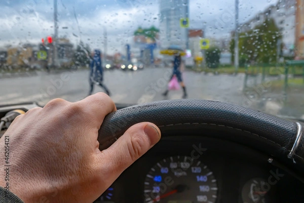 Fototapeta view of the driver hand on the steering wheel of a car against the background of a wet windshield with raindrops and people walking along a pedestrian crossing at an intersection with a traffic light