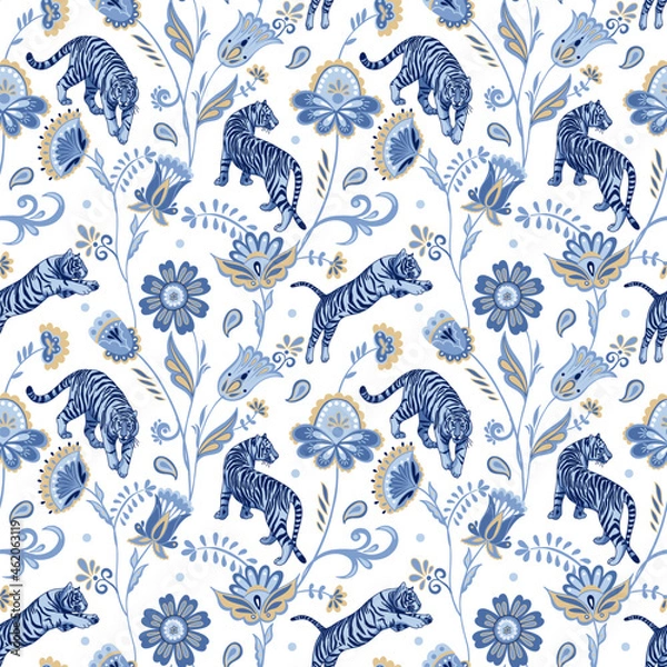Fototapeta Blue nordic tigers and abstract folk flowers and leaves. Vector seamless pattern